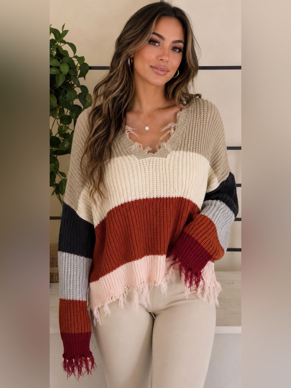 Rue21 Distressed Colorblock Fringe Sweater Size M